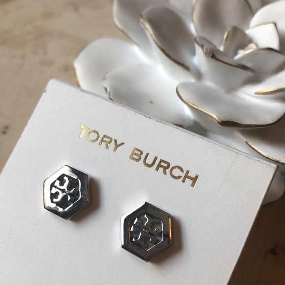 NWT TORY BURCH SILVER HEX LOGO STUD EARRINGS!! - Picture 4 of 5